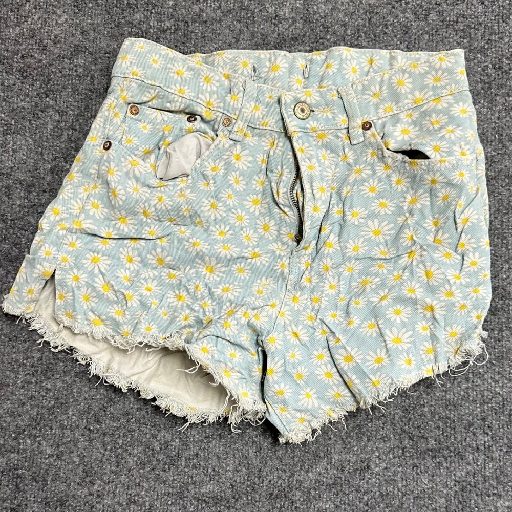 Zara Shorts Womens Size 24 Blue Daisy Floral Print Hem Denim Casual High Rise